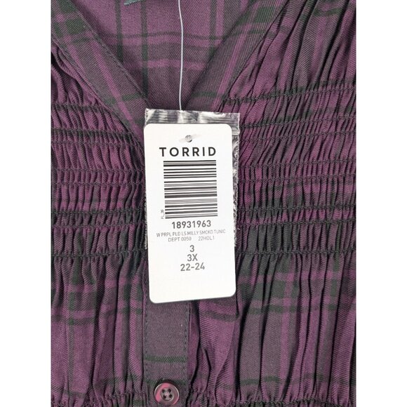 NEW Torrid Tunic Size 3 Purple/Black Plaid Rayon Twill Smocked Button-Front Top - Picture 4 of 9